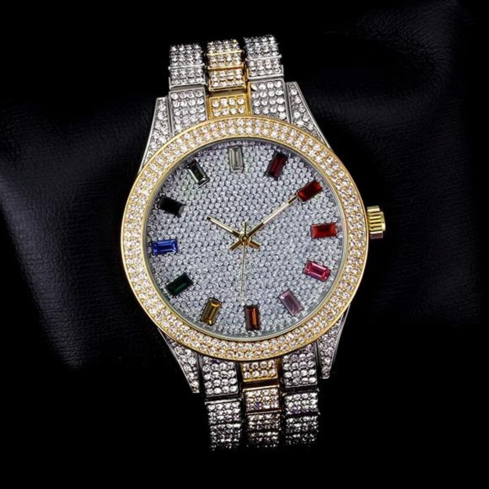 Mens Iced Out Watch With Rainbow Baguette Dial Silver Two Tone